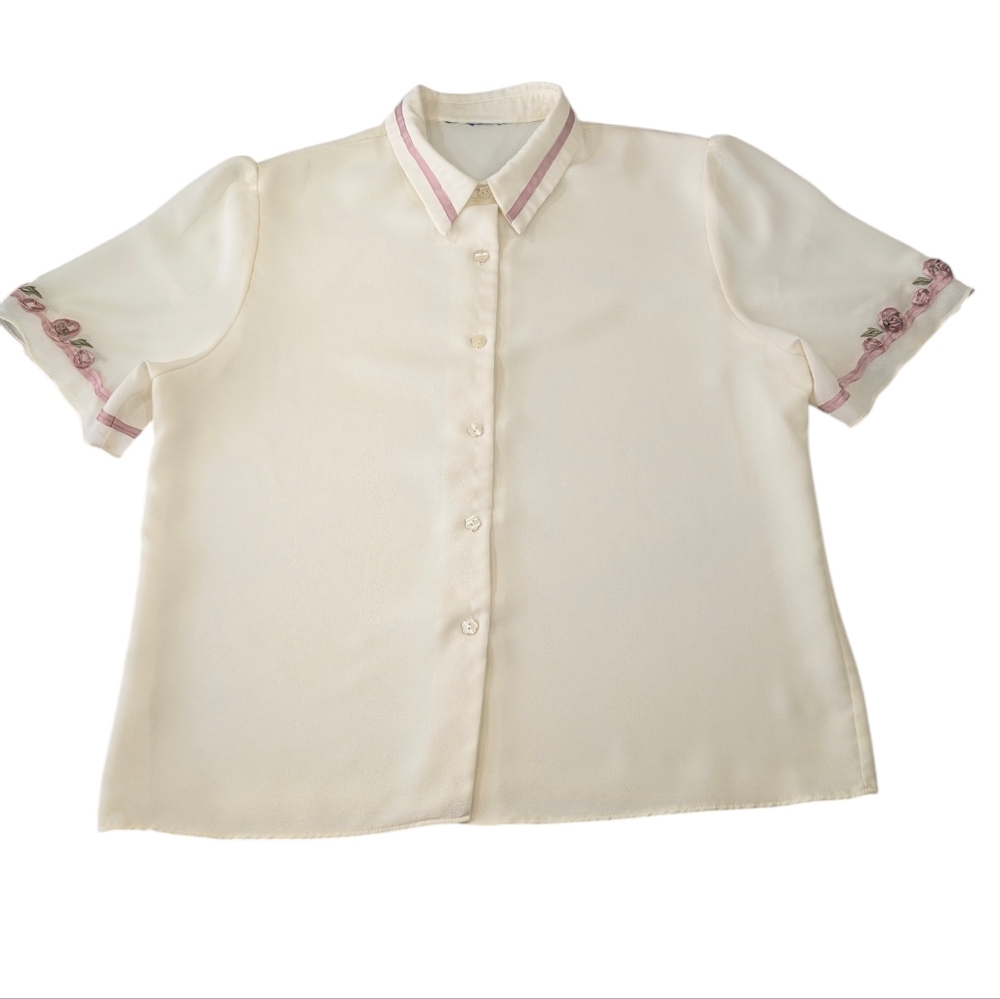 Vintage sheer cream button up blouse w pink ribbon flowers, embroidery. XL.